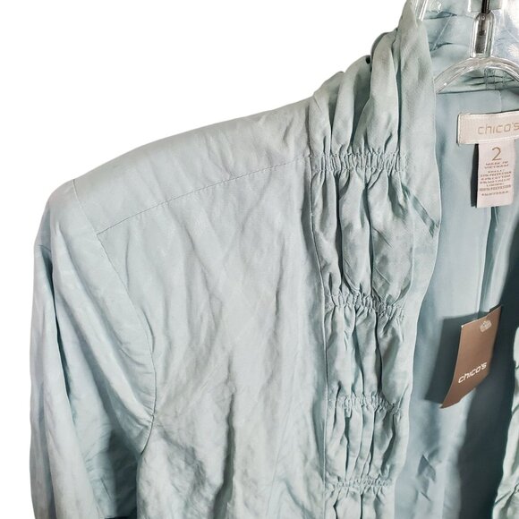 Chicos 2 Size L Jacket Open Smocked Lightweight Lined Shaped Fit Beachglass Teal - Picture 4 of 11